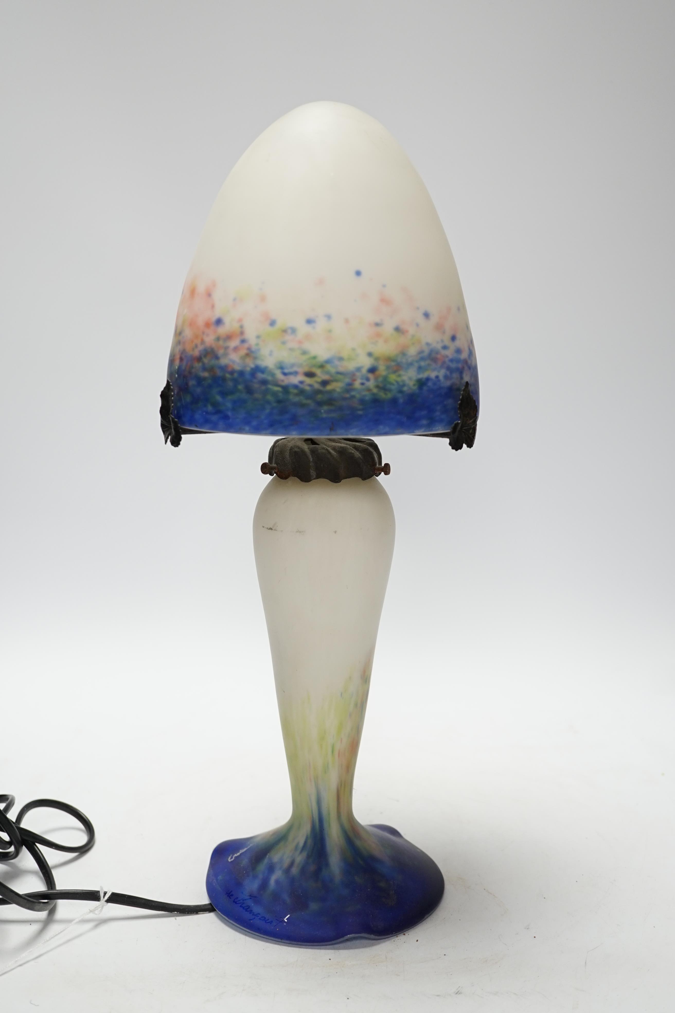 A Le Verre Francais glass mushroom table lamp, signed to the base, 39cm high